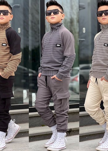 Gri Çizgili Yüksek Yakalı Erkek Çocuk Eşofman Takımı - Görsel 4