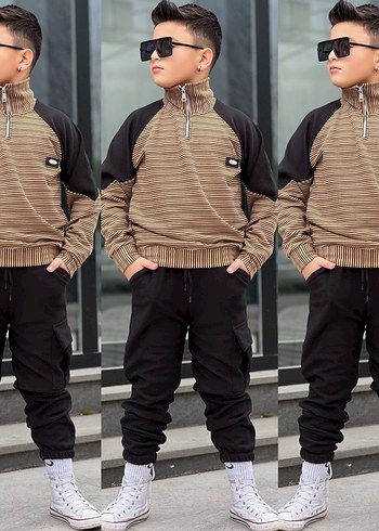 Gri Çizgili Yüksek Yakalı Erkek Çocuk Eşofman Takımı - Görsel 5