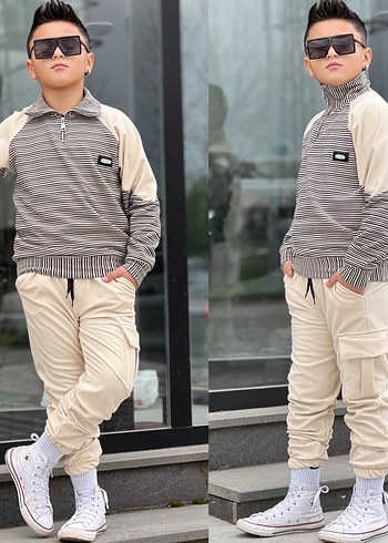 Gri Çizgili Yüksek Yakalı Erkek Çocuk Eşofman Takımı - Görsel 6