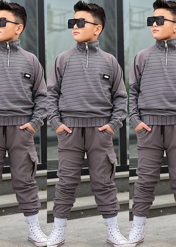 Gri Çizgili Yüksek Yakalı Erkek Çocuk Eşofman Takımı - Görsel 8