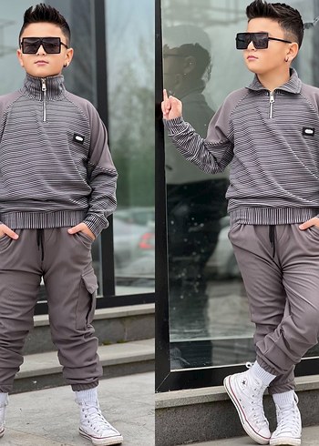 Gri Çizgili Yüksek Yakalı Erkek Çocuk Eşofman Takımı - Görsel 9