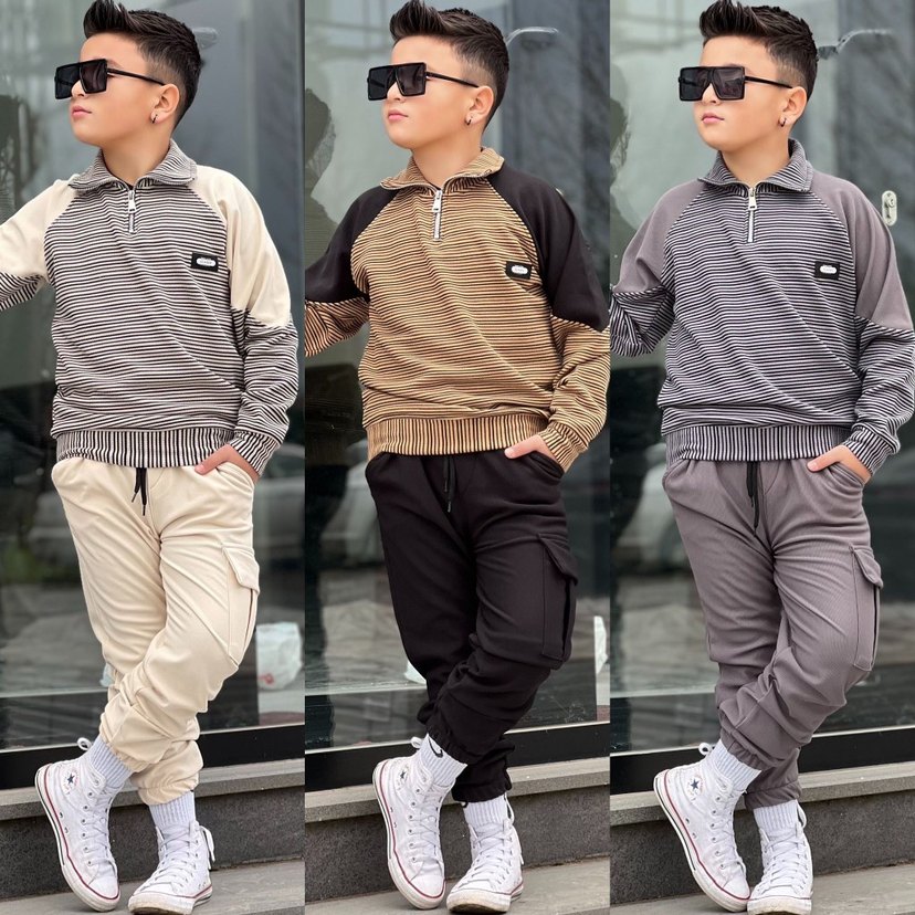 Gri Çizgili Yüksek Yakalı Erkek Çocuk Eşofman Takımı - Görsel 3