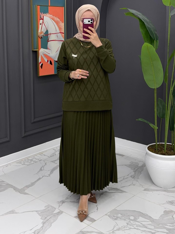 Uzun Kollu Kahverengi Triko Elbise - Görsel 3