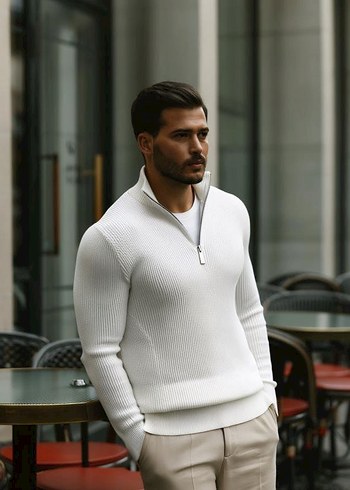 Erkek Mavi Yarım Fermuarlı Yün Triko - Görsel 5