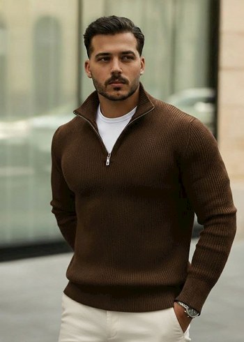 Erkek Mavi Yarım Fermuarlı Yün Triko - Görsel 3