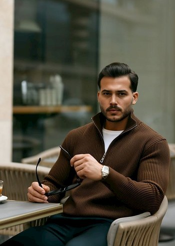 Erkek Mavi Yarım Fermuarlı Yün Triko - Görsel 4