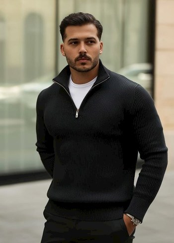 Erkek Mavi Yarım Fermuarlı Yün Triko - Görsel 2