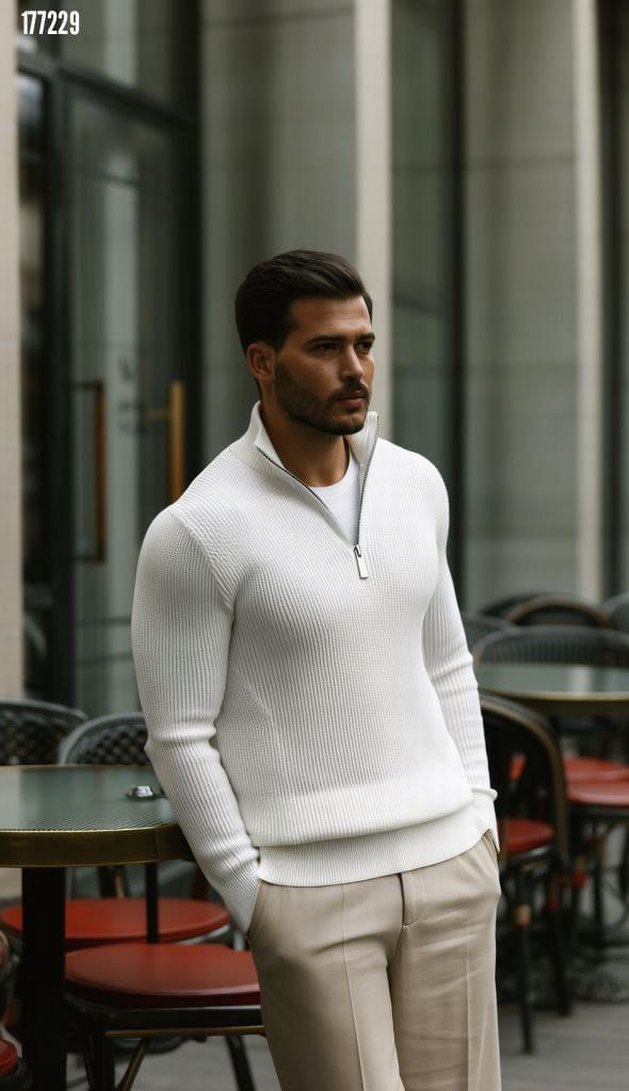 Erkek Mavi Yarım Fermuarlı Yün Triko - Görsel 5