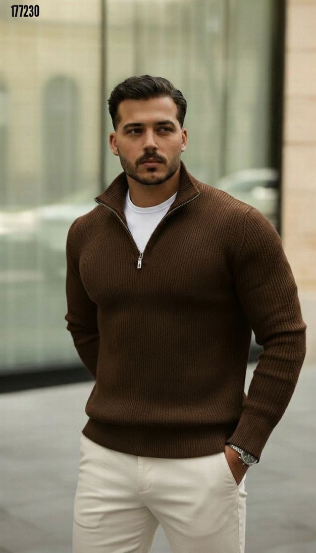 Erkek Mavi Yarım Fermuarlı Yün Triko - Görsel 3