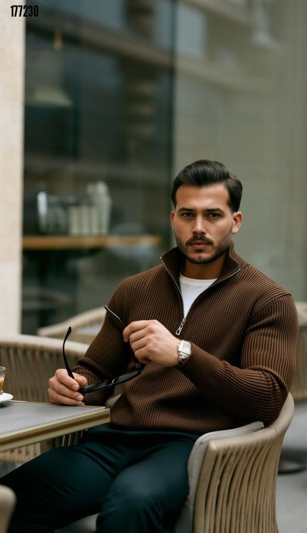 Erkek Mavi Yarım Fermuarlı Yün Triko - Görsel 4