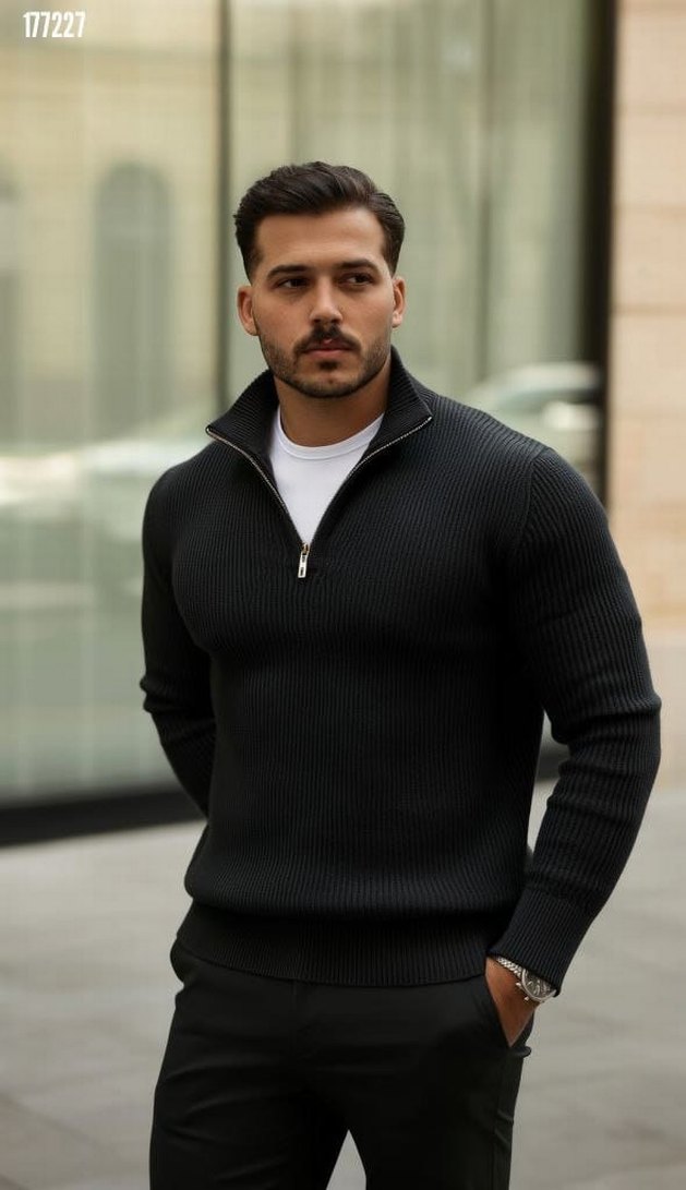 Erkek Mavi Yarım Fermuarlı Yün Triko - Görsel 2