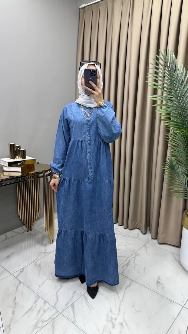 Düğmeli Uzun Denim Elbise - Görsel 2