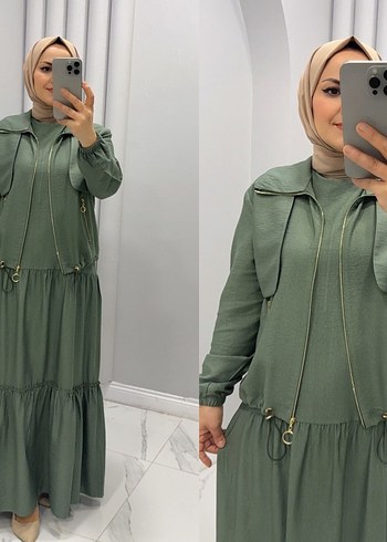 42 Beden Düğmeli Uzun Yeşil Kadın Elbise