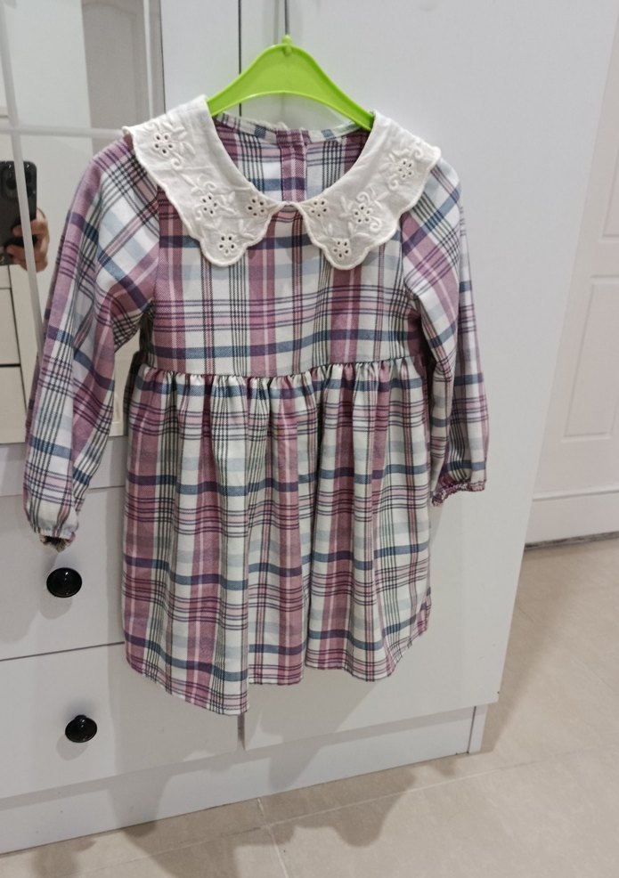 Dantel Yakalı Mor Ekose Kız Elbise 3-4yas - Görsel 2