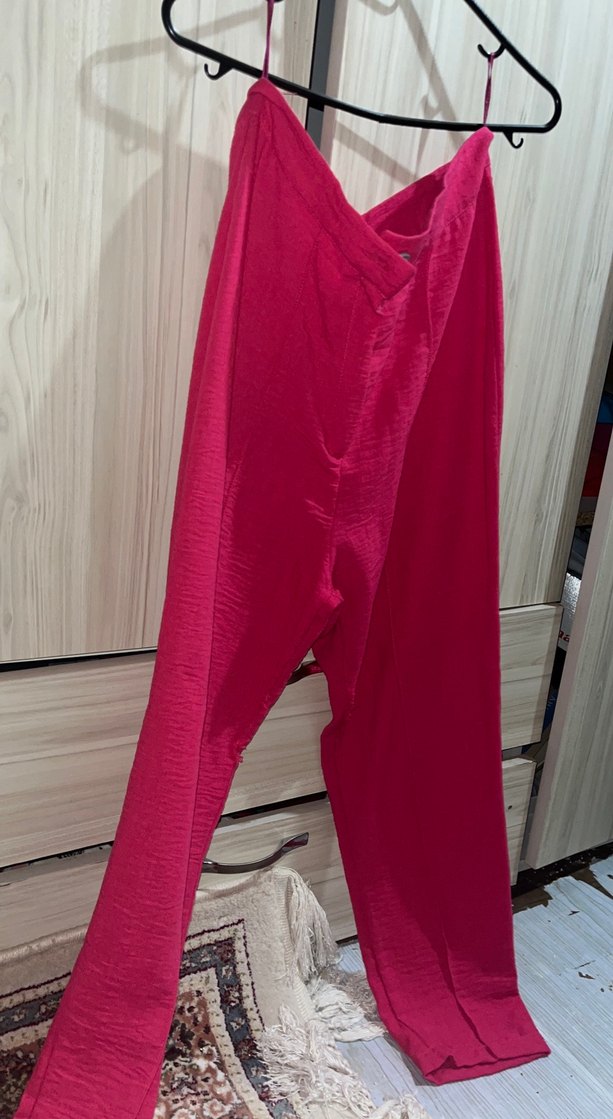 Kırmızı Bol Kesim Keten Kadın Pantolon - Görsel 2