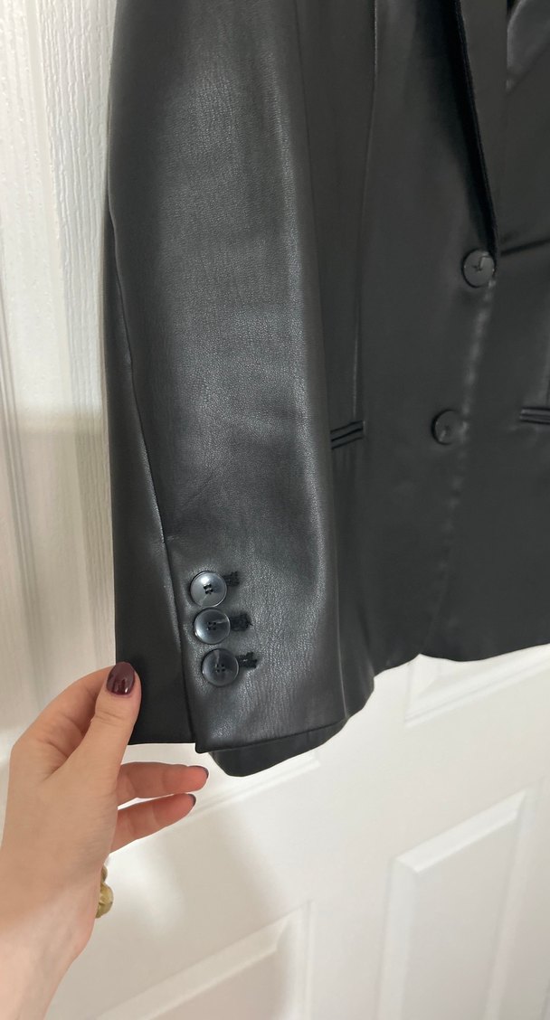 Kadın Siyah Deri Ceket Notch Yaka - Görsel 2