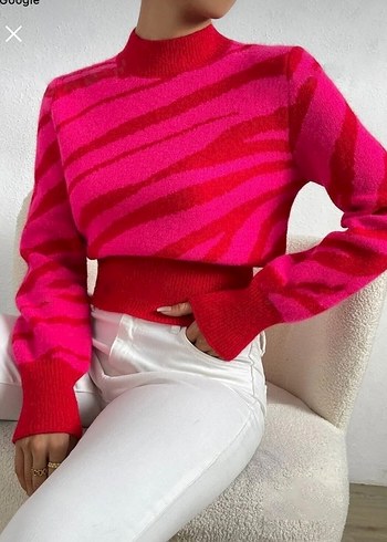 Pembe Zebra Desenli Yüksek Yakalı Triko Kazak - Görsel 3