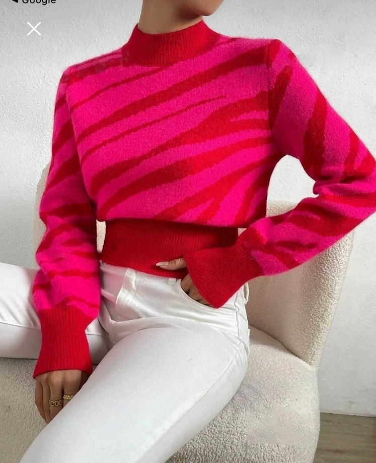 Pembe Zebra Desenli Yüksek Yakalı Triko Kazak - Görsel 3