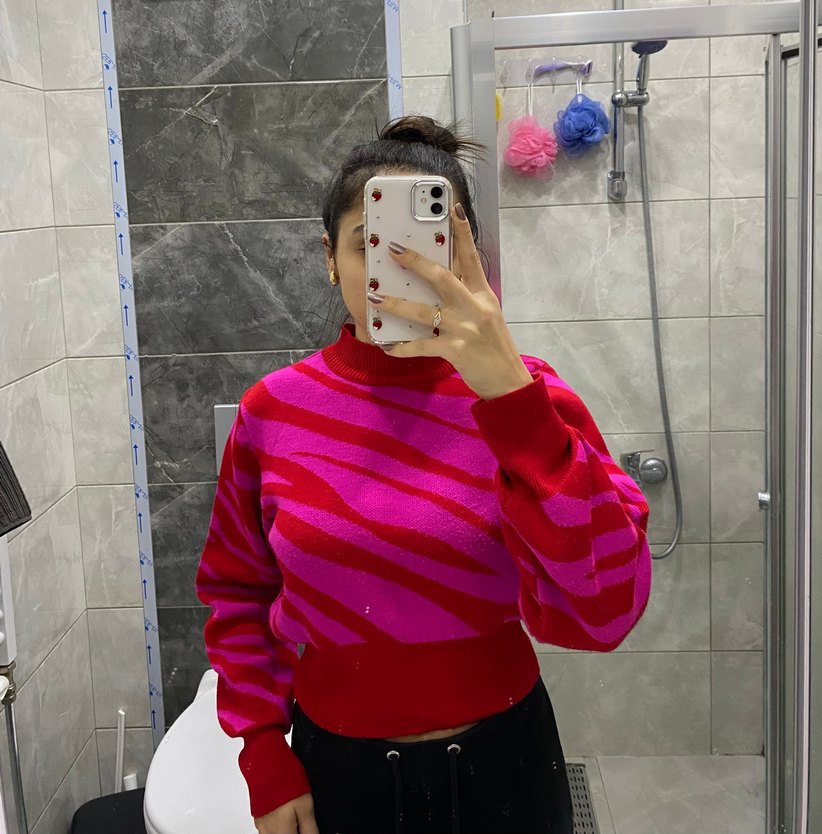 Pembe Zebra Desenli Yüksek Yakalı Triko Kazak - Görsel 4