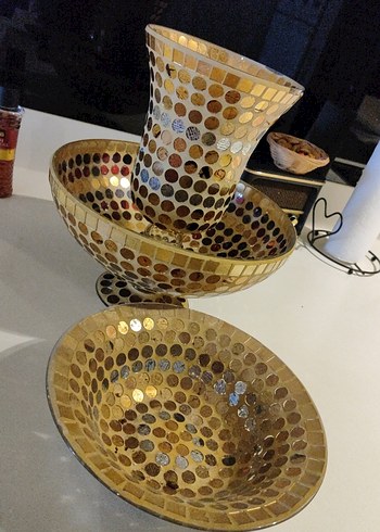Ikea Parlak Altın Mozaik Vazo ve Tabak Seti ,.