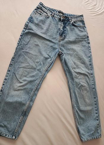 Düğmeli Gri Mavi Bol Kesim Kadın Denim Pantolon