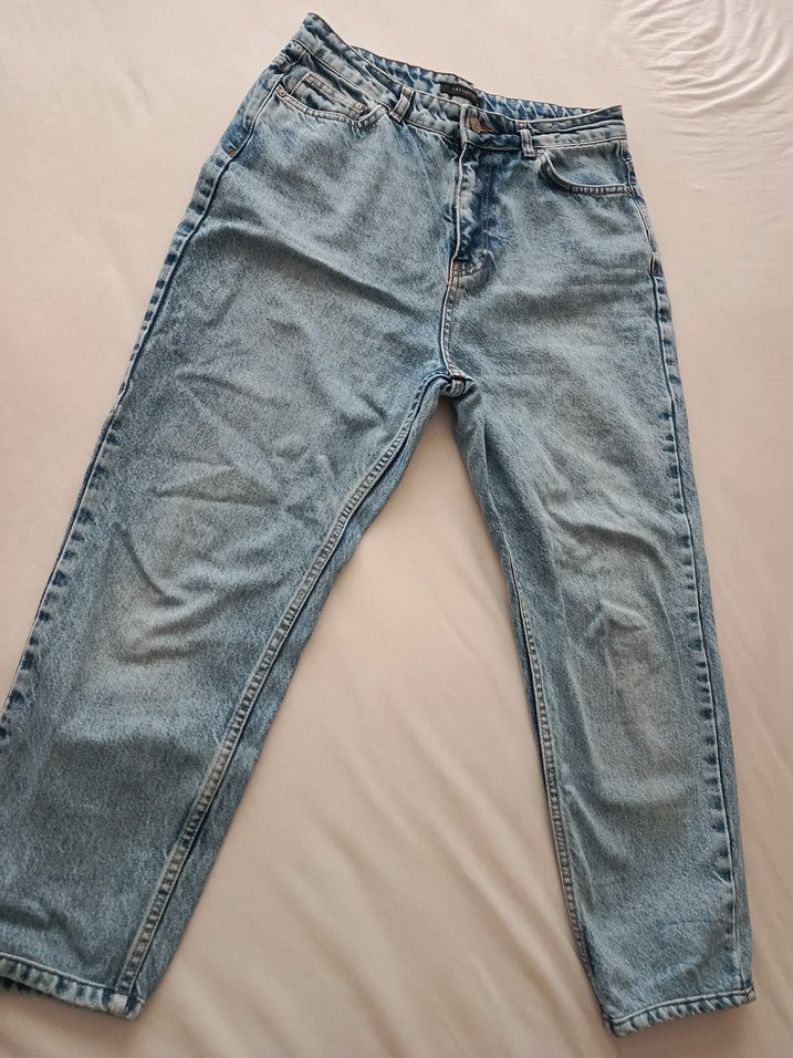 Düğmeli Gri Mavi Bol Kesim Kadın Denim Pantolon - Görsel 2