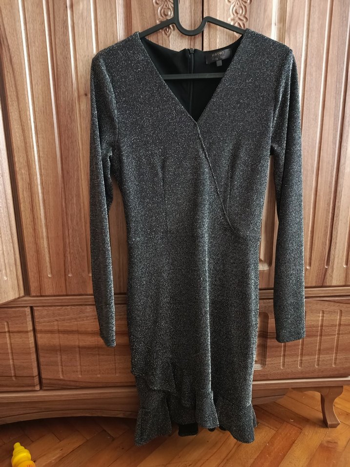 Uzun Kollu V Yaka Drapeli Gri Abiye Elbise - Görsel 2