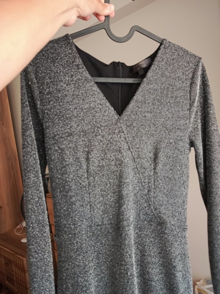 Uzun Kollu V Yaka Drapeli Gri Abiye Elbise - Görsel 3