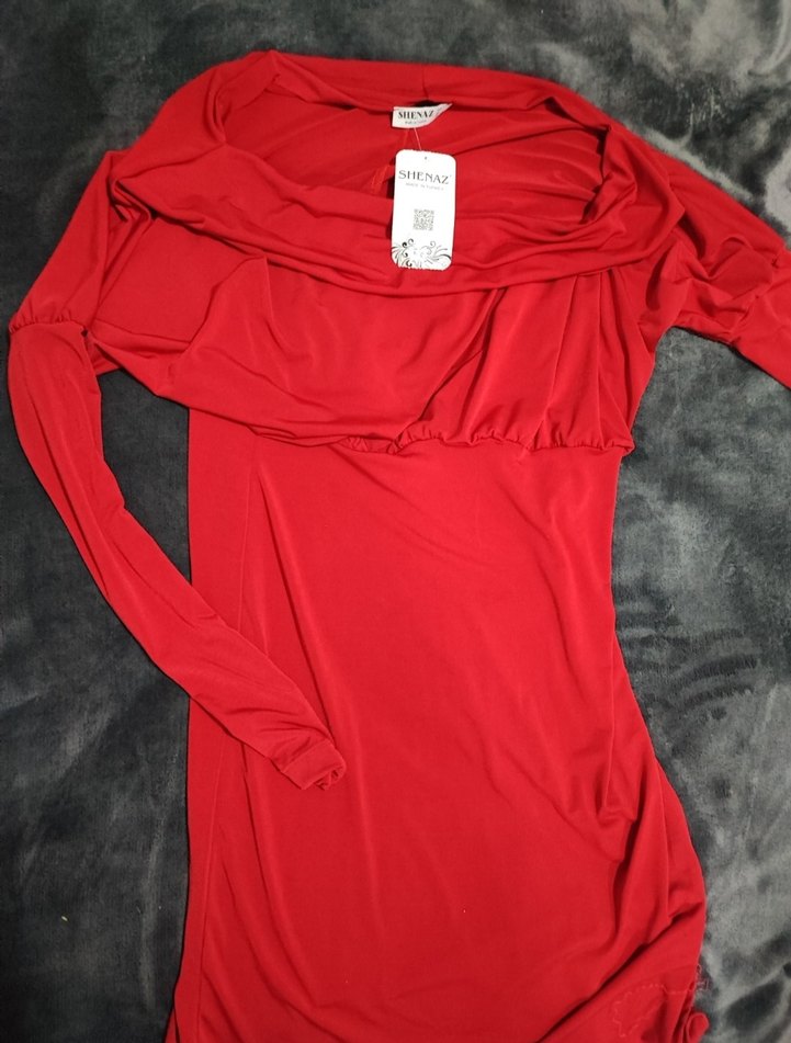 Uzun Kollu Kırmızı Drapeli Elbise - Görsel 2