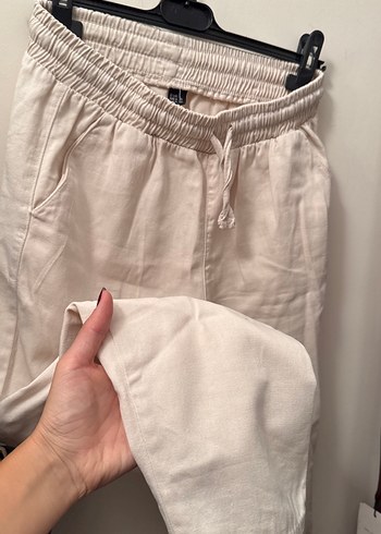 s Beden Bej Keten Mini Rahat Kesim Kadın Pantolon