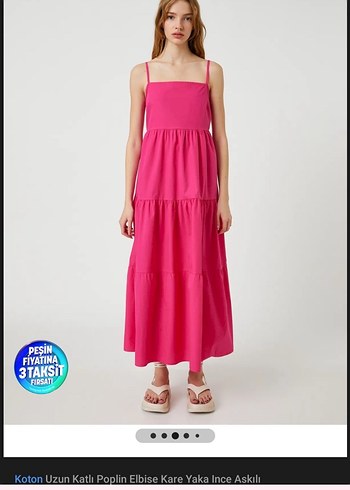 Koton Koton Pembe Uzun Katlı Poplin Elbise