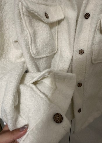 Düğmeli krem Beyaz oversize Kadın Ceket - Görsel 3