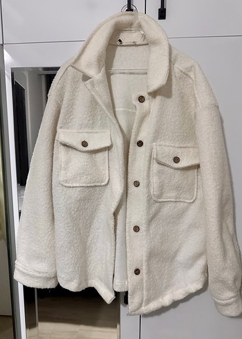 Düğmeli krem Beyaz oversize Kadın Ceket - Görsel 2