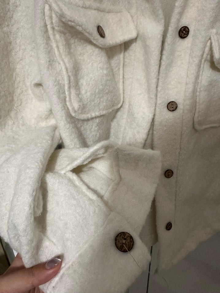 Düğmeli krem Beyaz oversize Kadın Ceket - Görsel 3