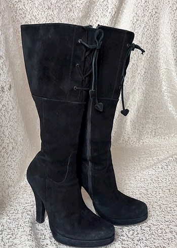 Siyah Süet Dizüstü Topuklu Çizme - Görsel 5