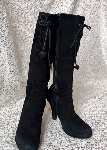 Siyah Süet Dizüstü Topuklu Çizme - Görsel 3