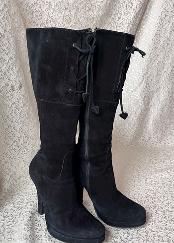 Siyah Süet Dizüstü Topuklu Çizme - Görsel 6