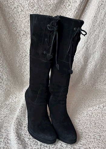 Siyah Süet Dizüstü Topuklu Çizme - Görsel 7