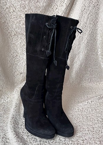 Siyah Süet Dizüstü Topuklu Çizme - Görsel 8