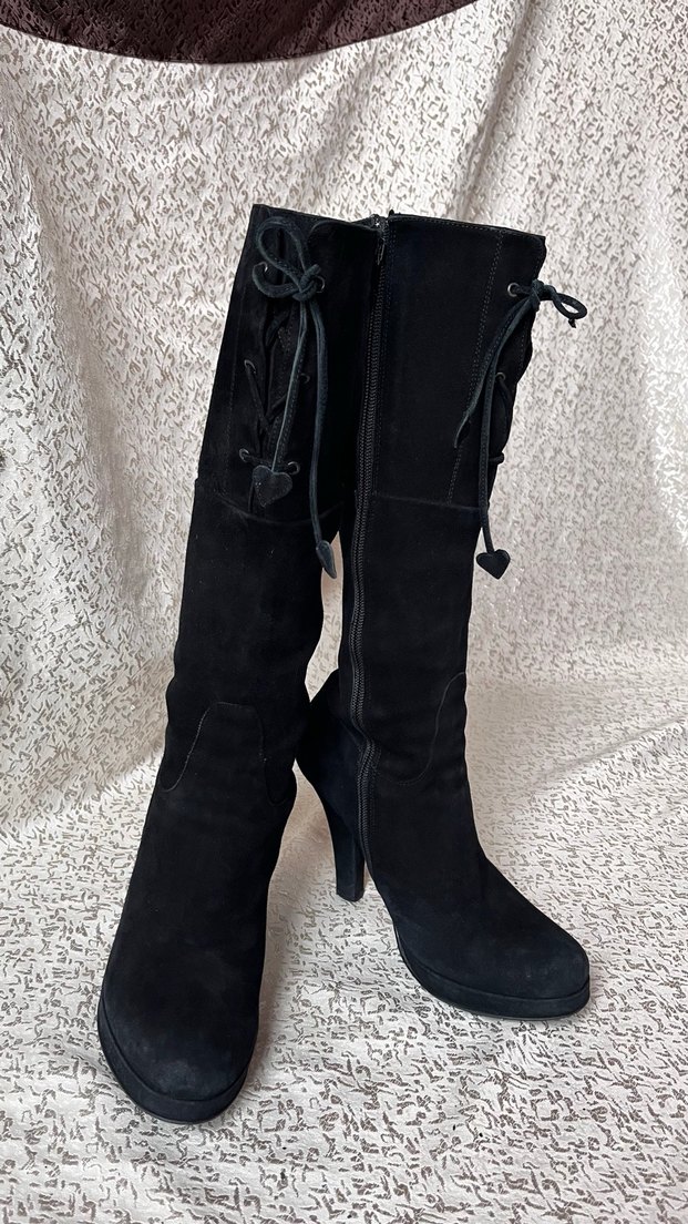 Siyah Süet Dizüstü Topuklu Çizme - Görsel 3