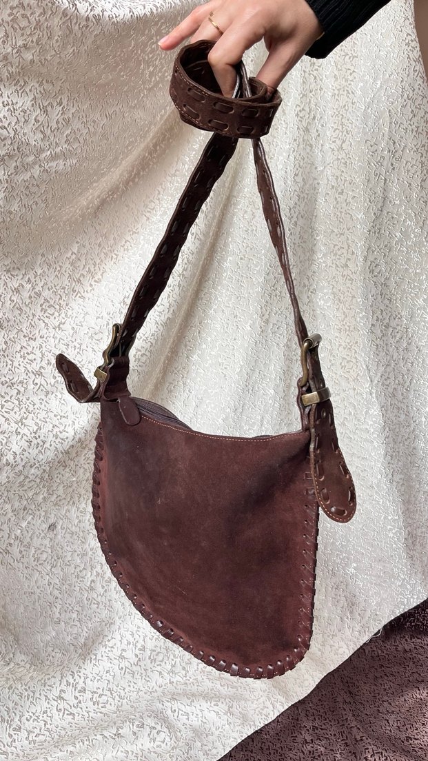 Kahverengi Süet Kemer Detaylı Bohem Çanta - Görsel 3