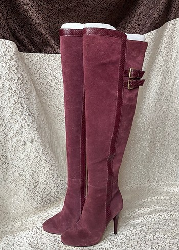 Bordo Süet Dizüstü İnce Topuklu Çizmeler - Görsel 5