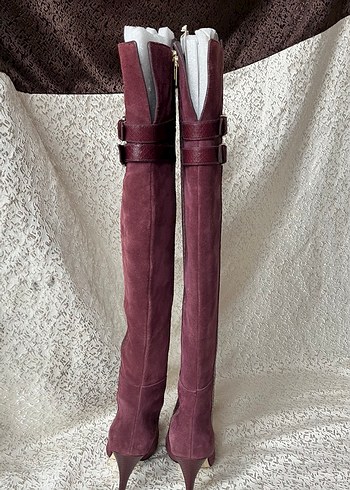 Bordo Süet Dizüstü İnce Topuklu Çizmeler - Görsel 3