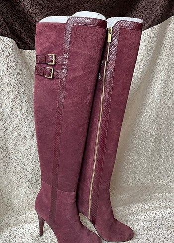Bordo Süet Dizüstü İnce Topuklu Çizmeler - Görsel 4