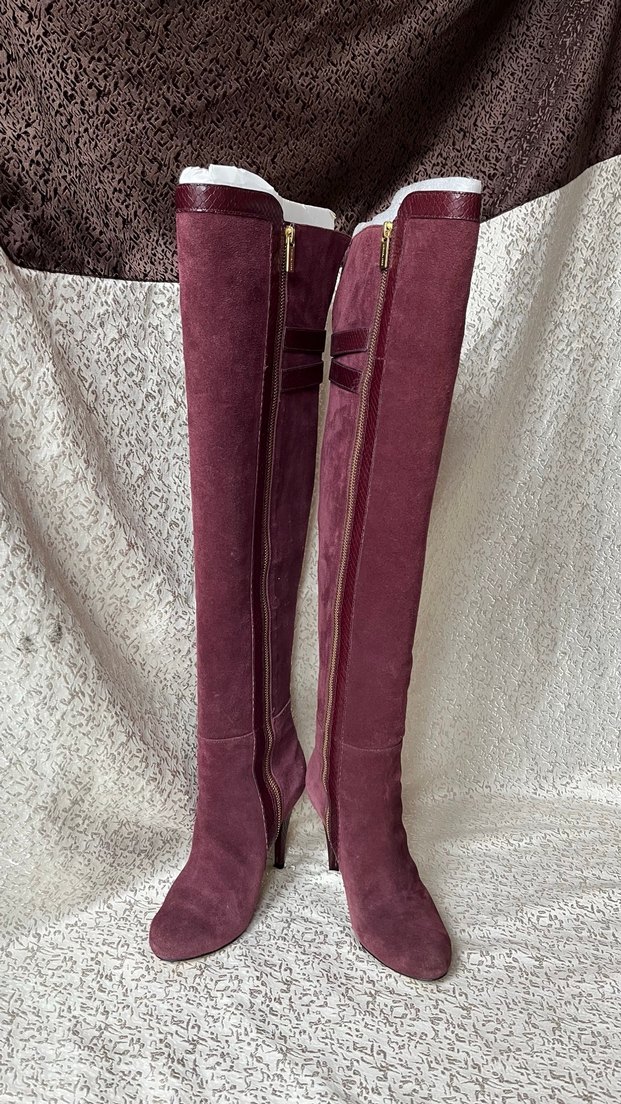 Bordo Süet Dizüstü İnce Topuklu Çizmeler - Görsel 2