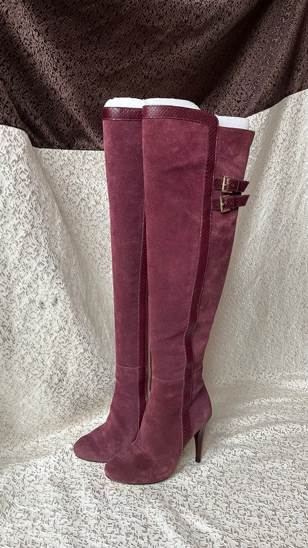Bordo Süet Dizüstü İnce Topuklu Çizmeler - Görsel 5