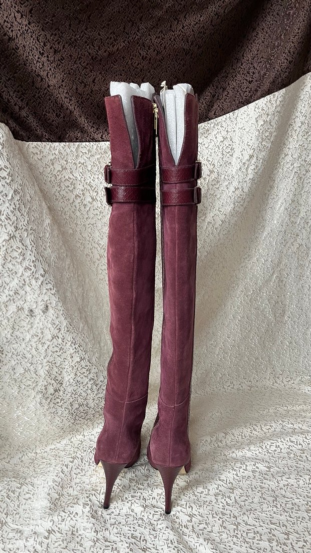 Bordo Süet Dizüstü İnce Topuklu Çizmeler - Görsel 3