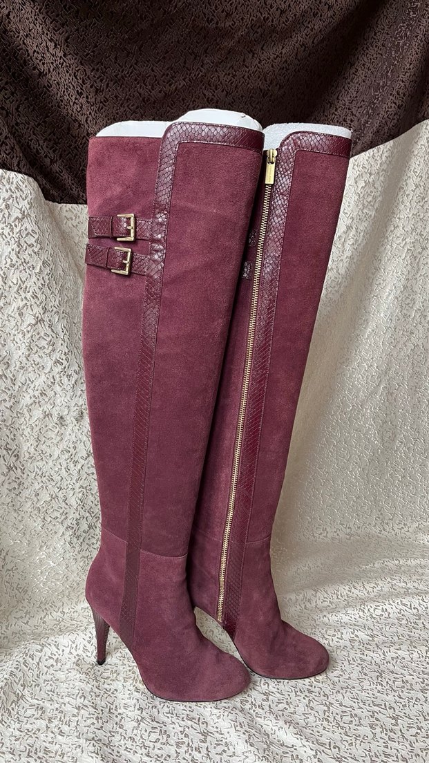 Bordo Süet Dizüstü İnce Topuklu Çizmeler - Görsel 4