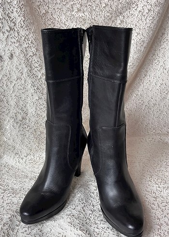 Siyah Deri Tokalı Dizüstü Stiletto Botlar - Görsel 8