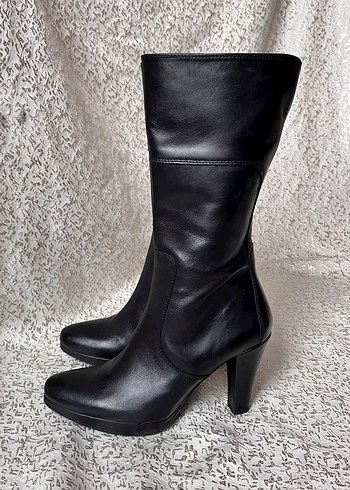 Siyah Deri Tokalı Dizüstü Stiletto Botlar - Görsel 9